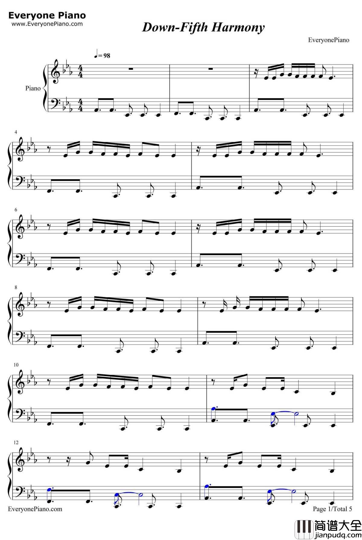 Down钢琴谱_FifthHarmony