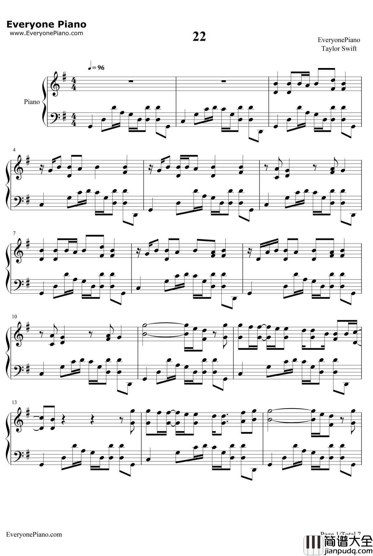 22钢琴谱_TaylorSwift