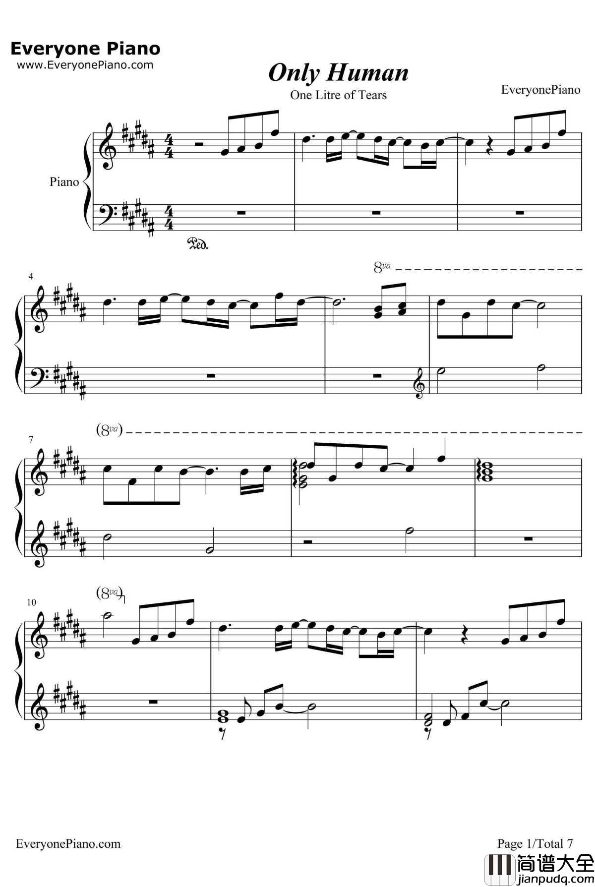Only_Human钢琴谱_K（姜尹成）_一公升眼泪主题曲