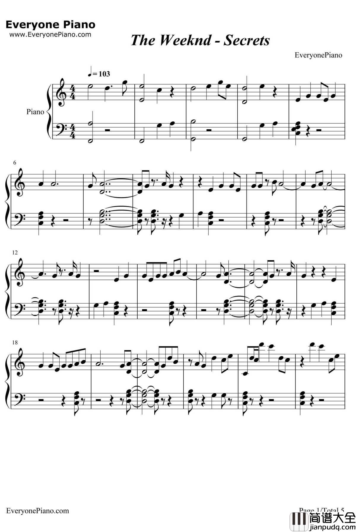 Secrets钢琴谱_TheWeeknd