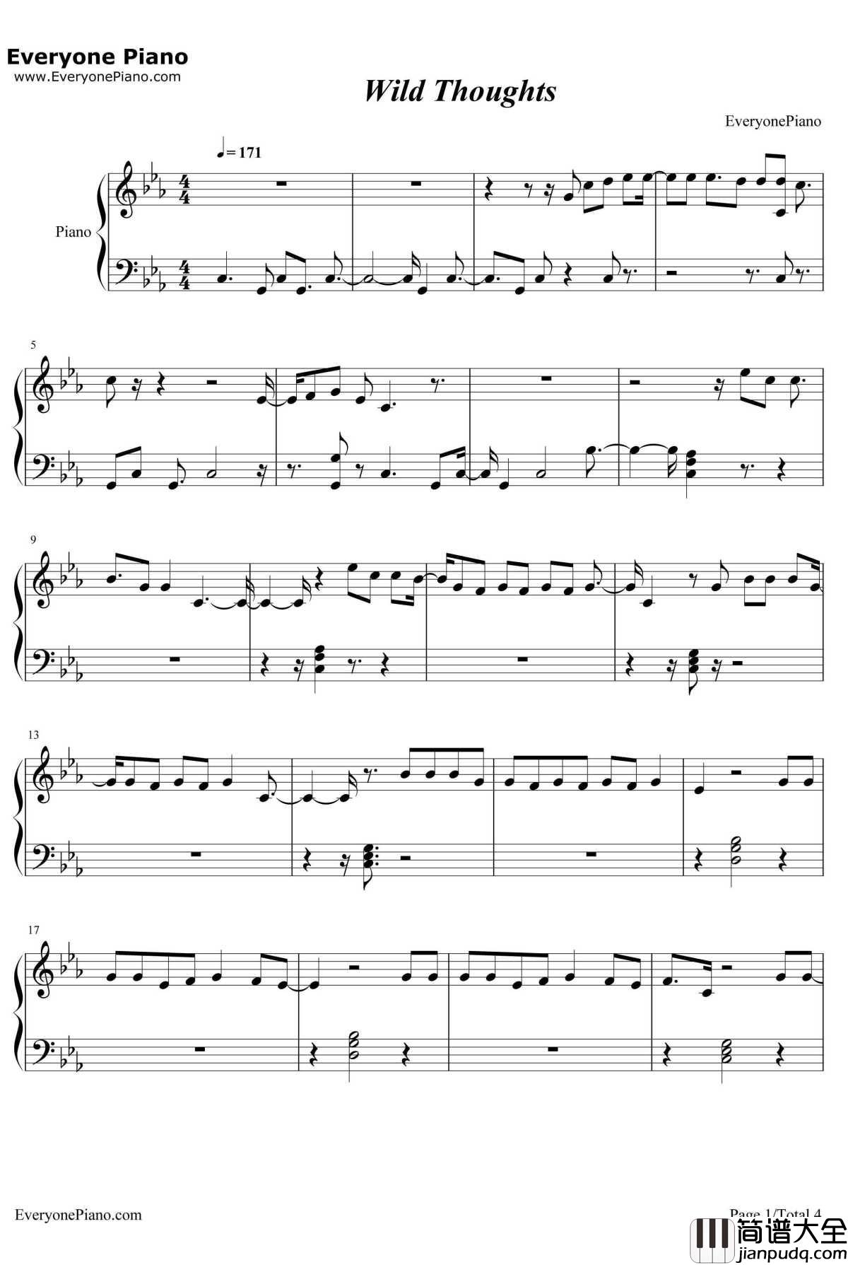 Wild_Thoughts钢琴谱_DJKhaledRihannaBrysonTiller