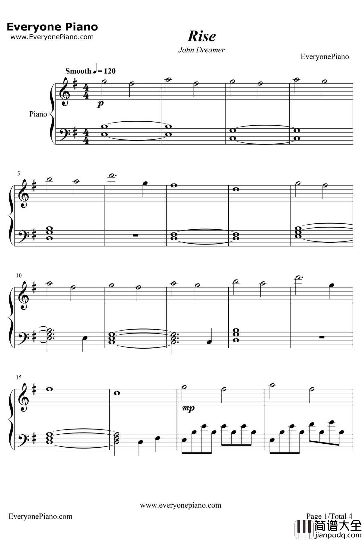 Rise钢琴谱_JohnDreamer_刺客信条3背景音乐