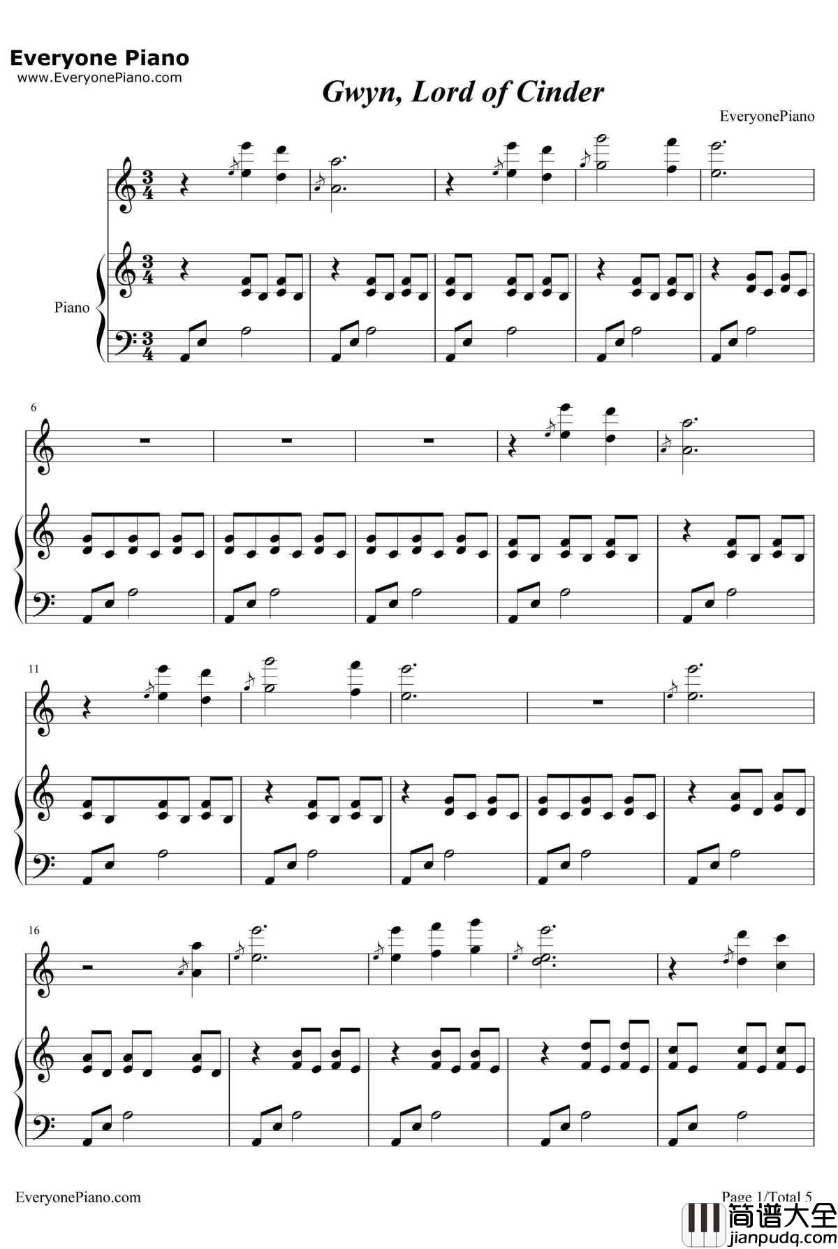 Gwyn_Lord_of_Cinder钢琴谱_樱庭统_黑暗之魂BGM