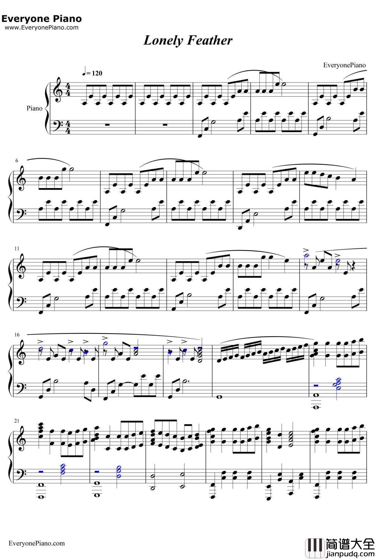 Lonely_Feather钢琴谱_千菅春香_学战都市Asterisk第二季OST