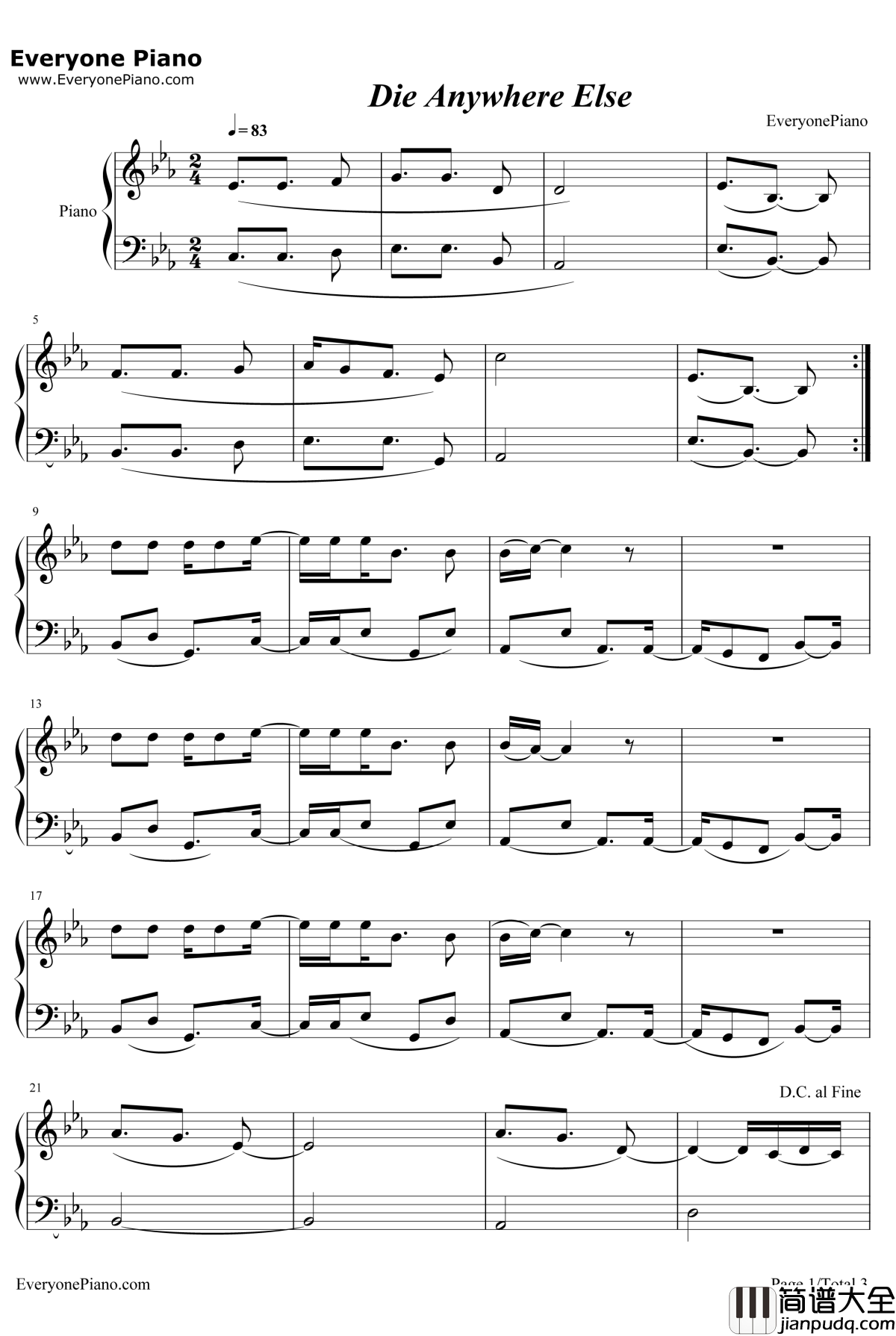 Die_Anywhere_Else钢琴谱_AlecHolowka_林中之夜BGM