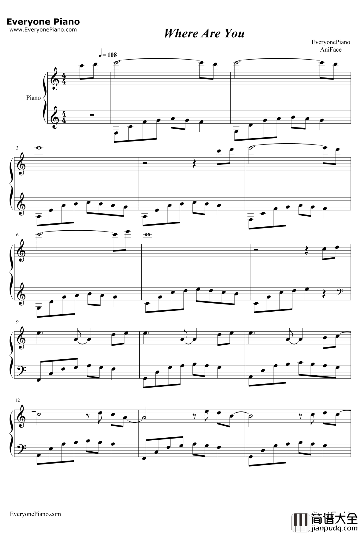 Where_Are_You钢琴谱_AniFace