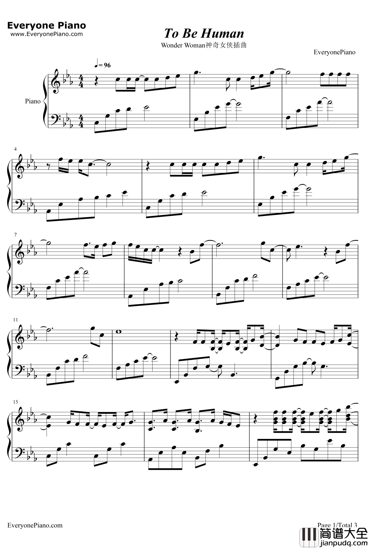 To_Be_Human钢琴谱_Sia_神奇女侠插曲