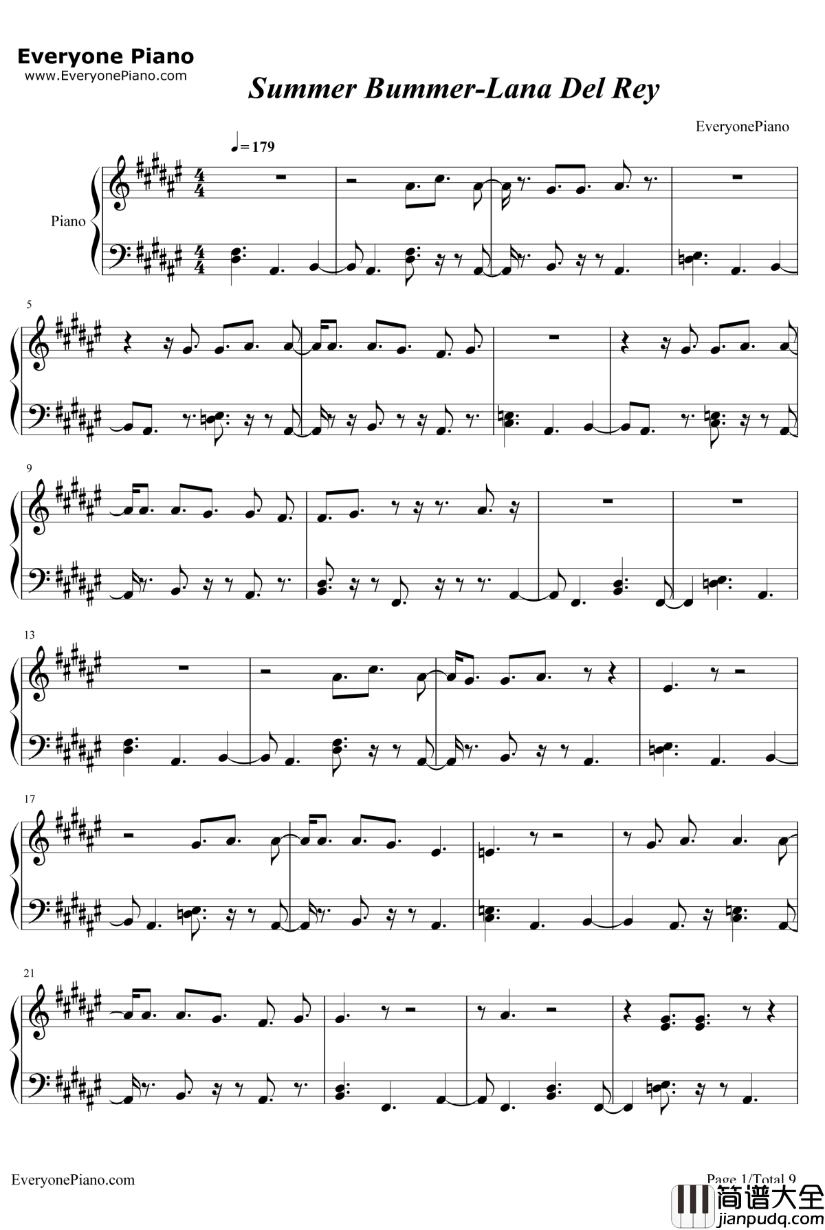 Summer_Bummer钢琴谱_LanaDelRey