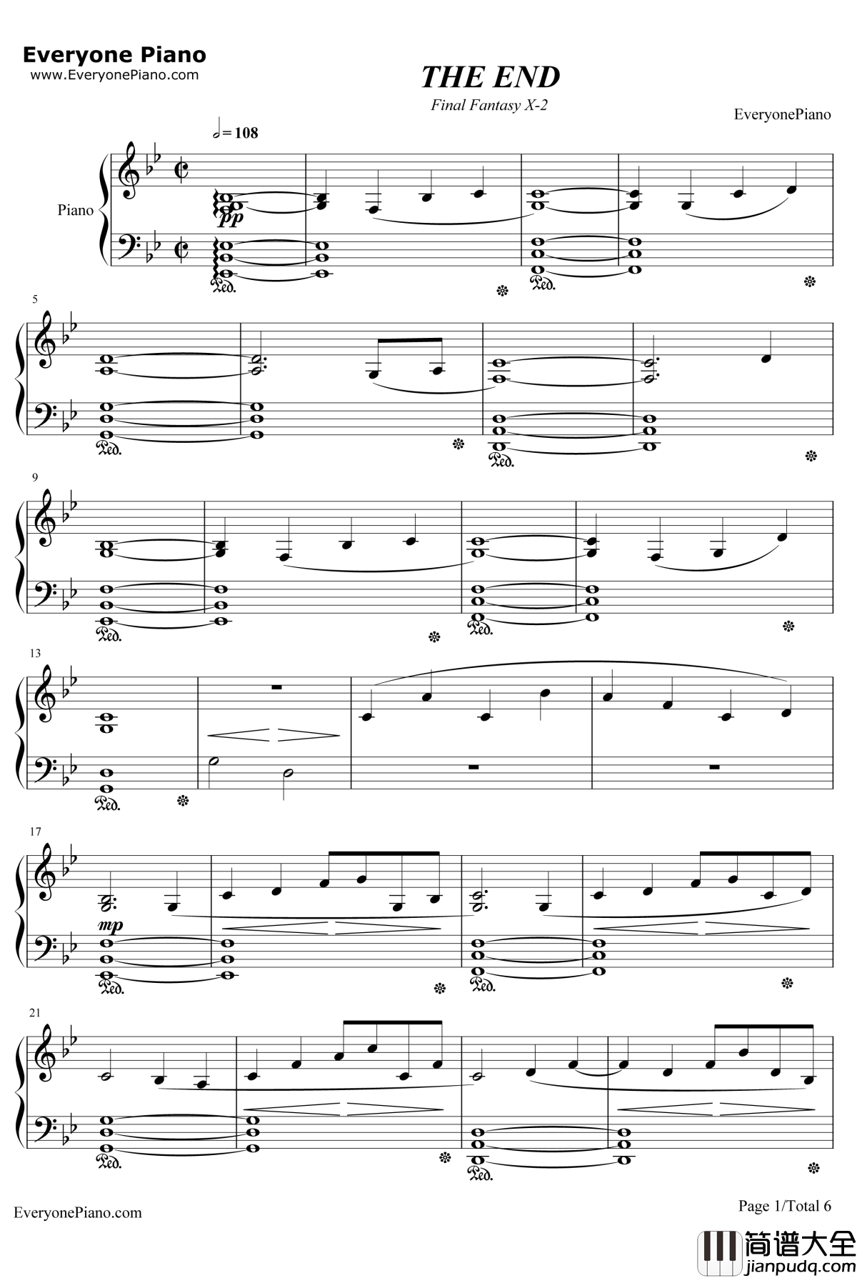 THEEND钢琴谱_松枝贺子_最终幻想X_2BGM