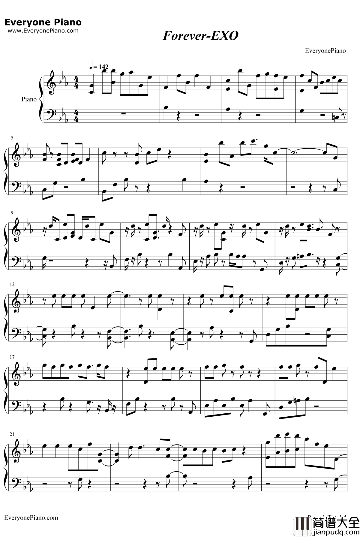 我加你等于永远钢琴谱_EXO_Forever