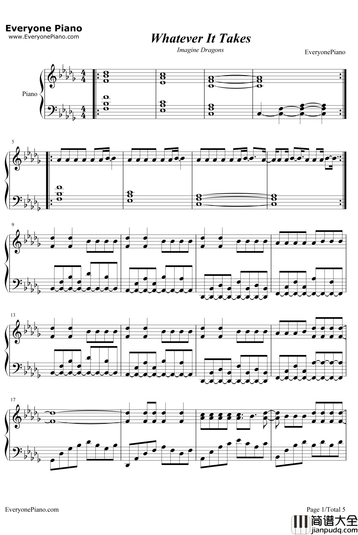 Whatever_It_Takes钢琴谱_ImagineDragons