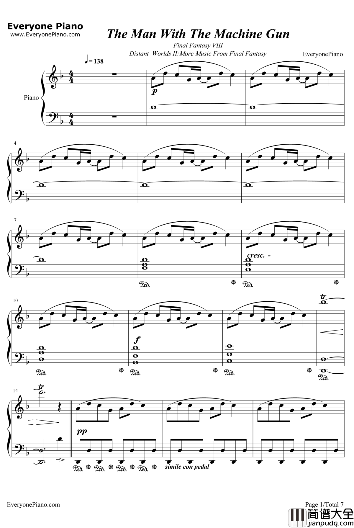 The_Man_With_The_Machine_Gun钢琴谱_植松伸夫_最终幻想ⅧBGM