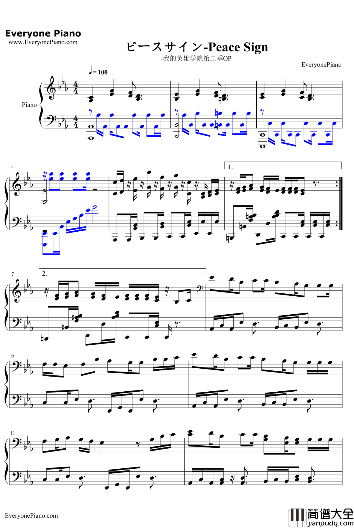 ピースサイン钢琴谱_米津玄师_我的英雄学院第二季OP