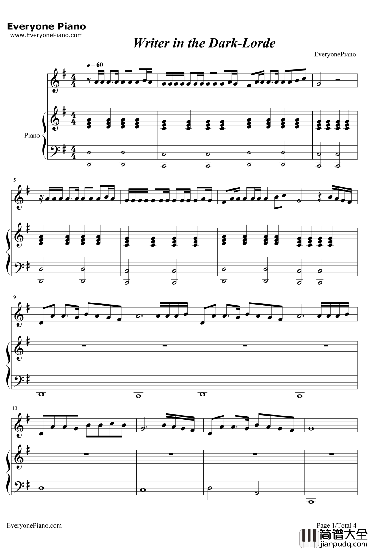Writerin_the_Dark钢琴谱_Lorde