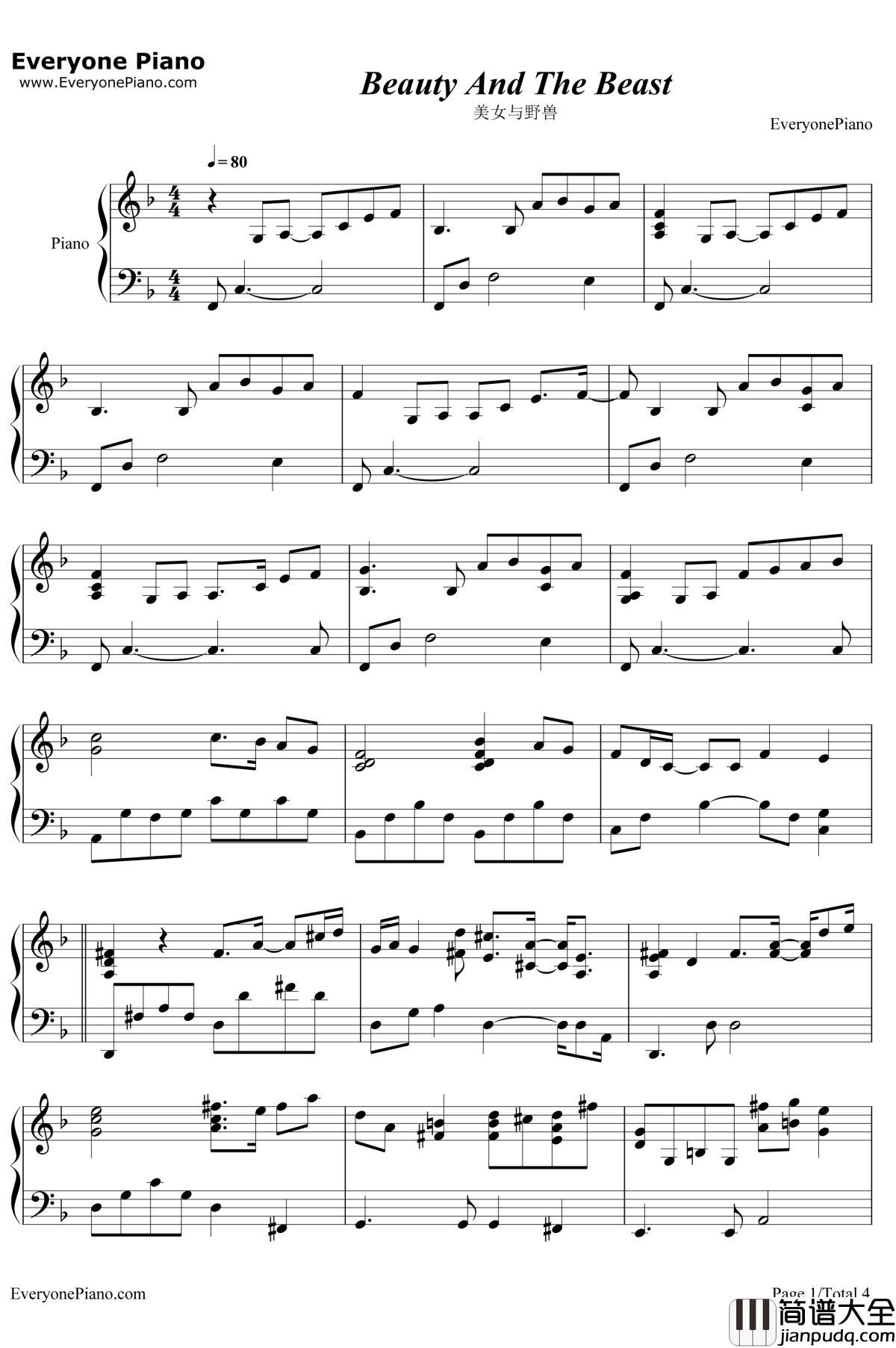 Beauty_and_the_Beast钢琴谱_CelineDionPeaboBryson