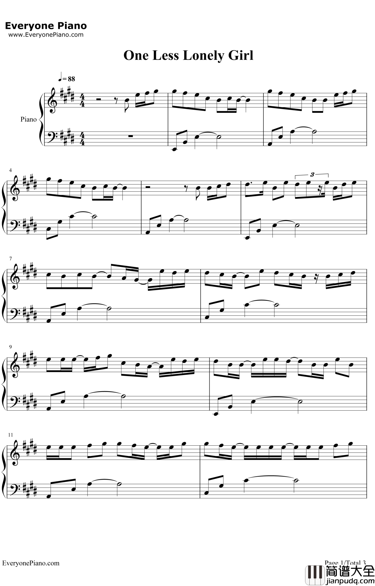 One_Less_Lonely_Girl钢琴谱_JustinBieber