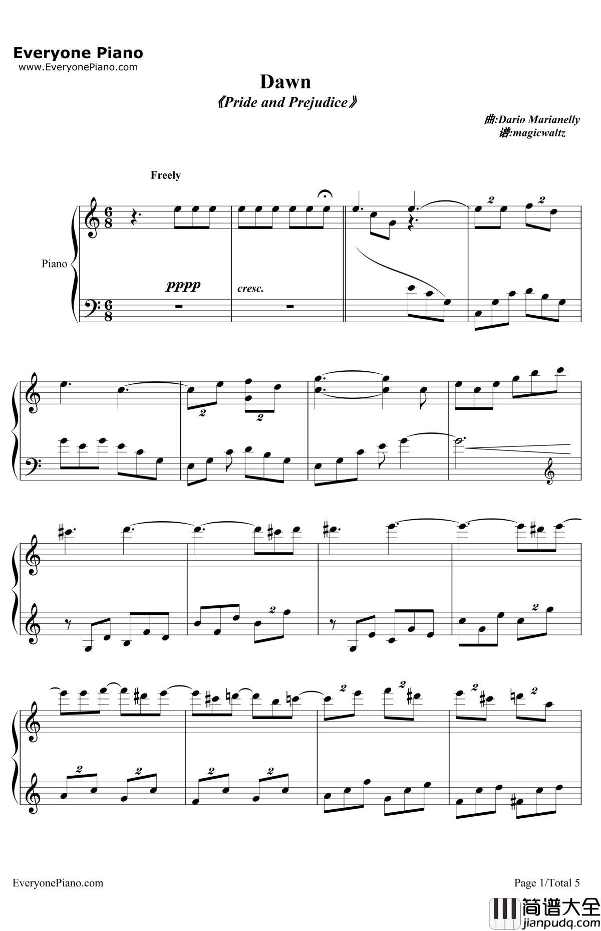 Dawn钢琴谱_达里奥·马里亚内利（DarioMarianelli）_傲慢与偏见配乐