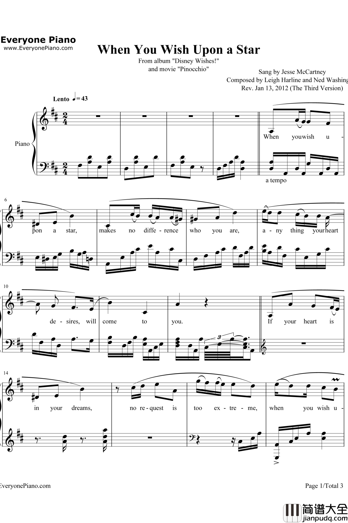 When_You_Wish_upon_a_Star钢琴谱_LeighHarline&NedWashington_木偶奇遇记OP