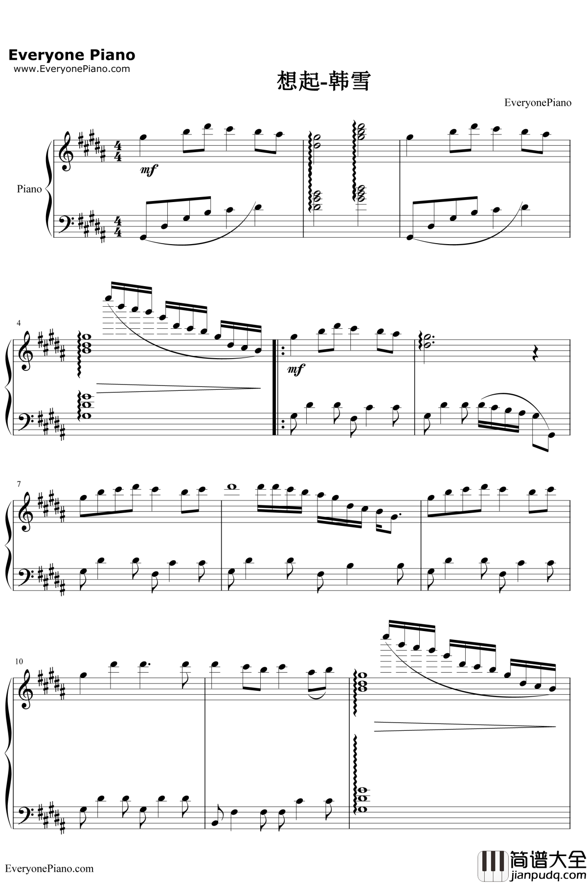想起钢琴谱_韩雪