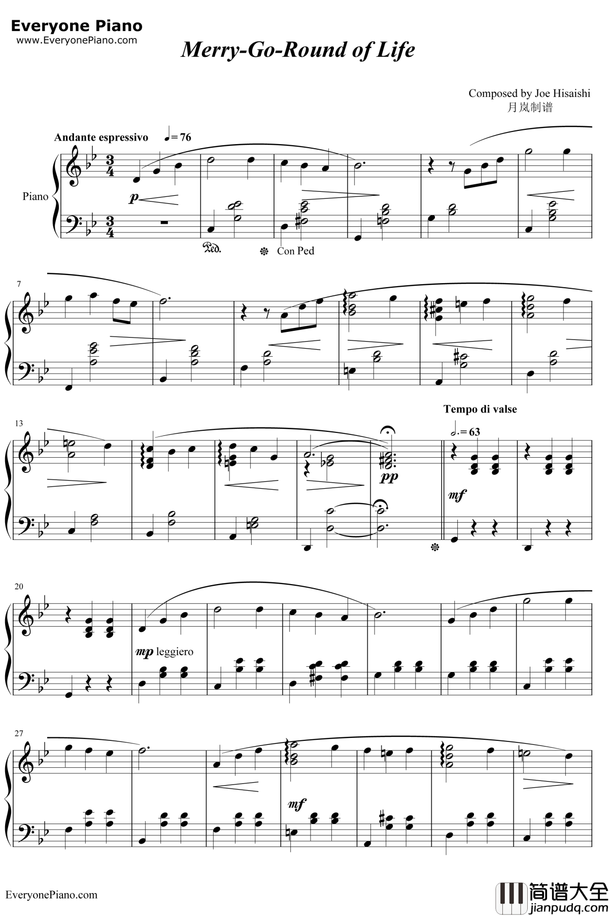 Merry钢琴谱_久石让宫崎骏_Go_RoundofLife_哈尔的移动城堡主题曲