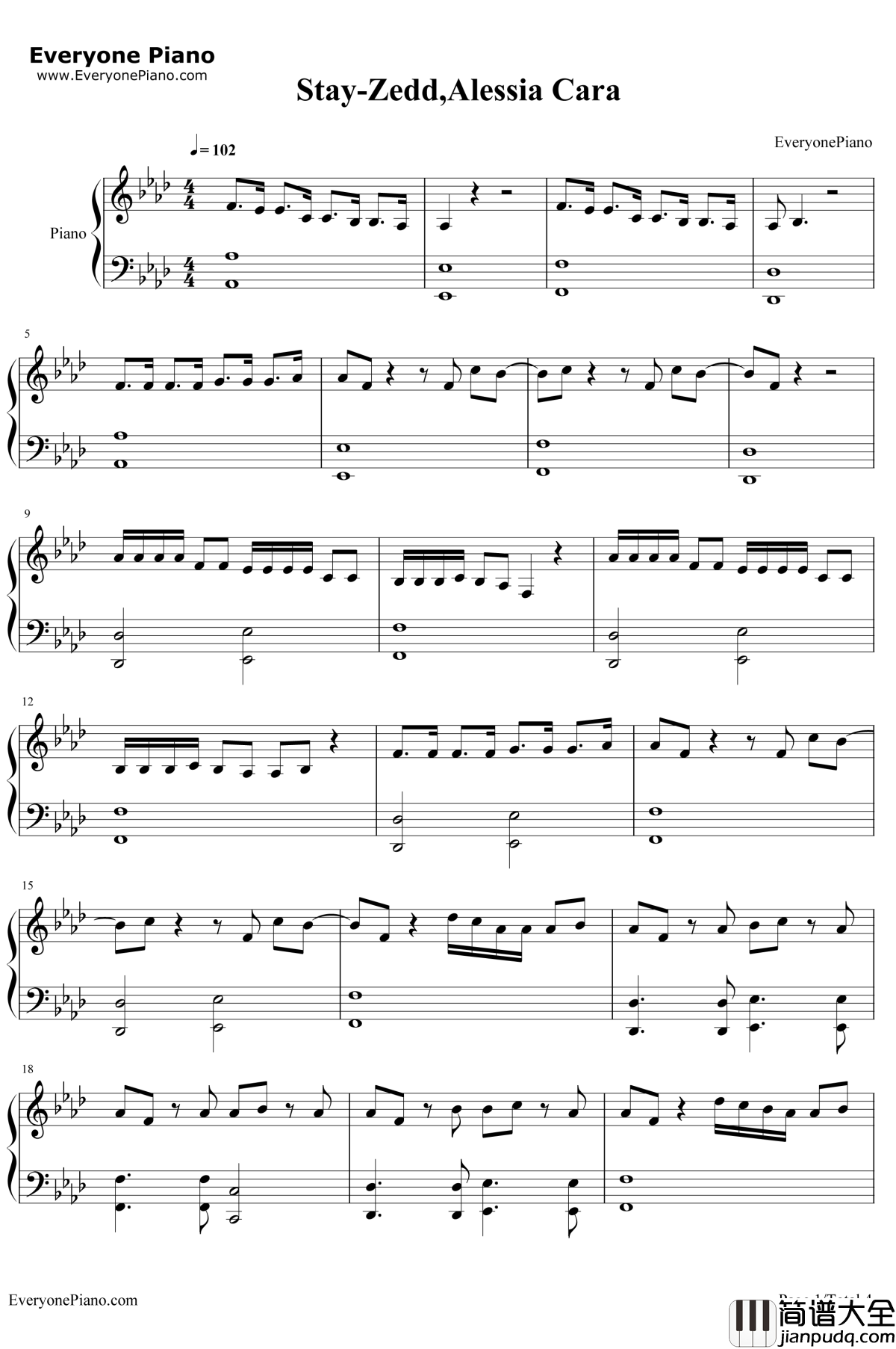 Stay钢琴谱_ZeddAlessiaCara