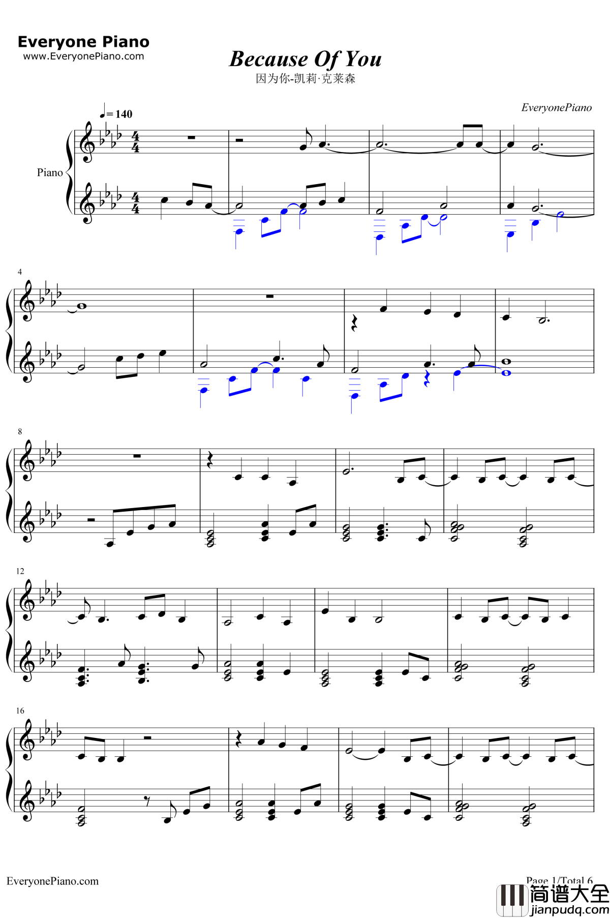 Because_Of_You钢琴谱_凯莉·克莱森KellyClarkson_因为你_凯莉·克莱森