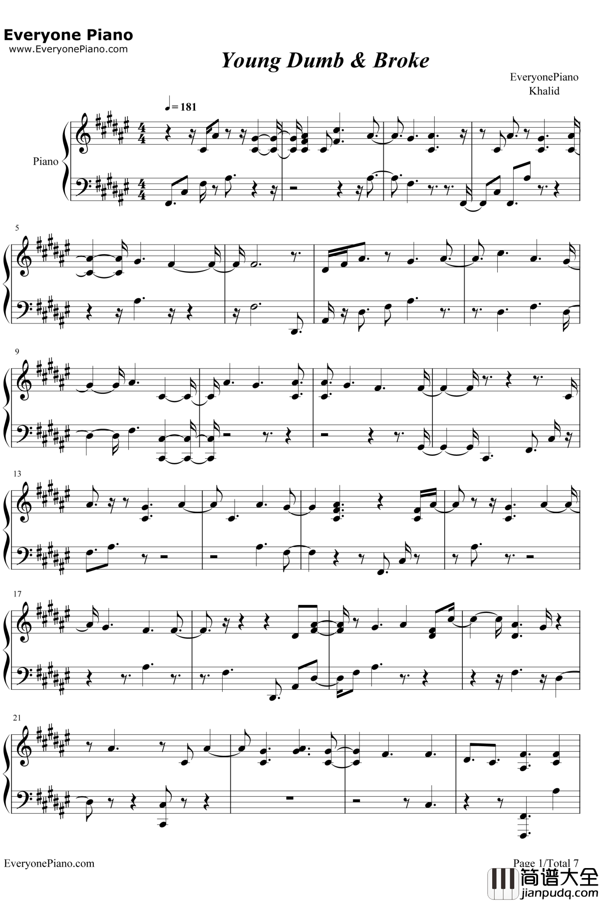 Young_Dumb_Broke钢琴谱_Khalid