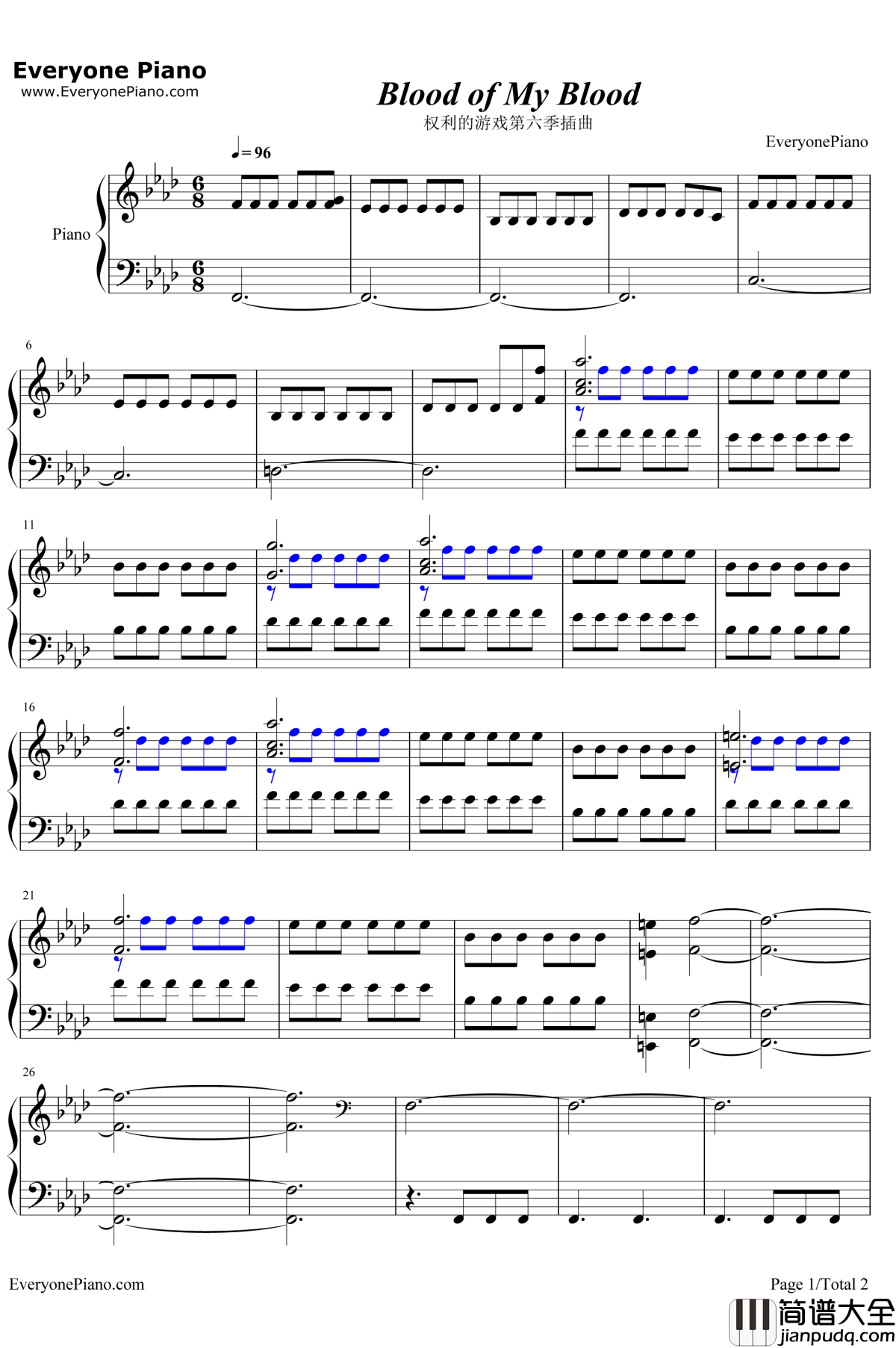Blood_of_My_Blood钢琴谱_RaminDjawadi_权利的游戏第六季插曲