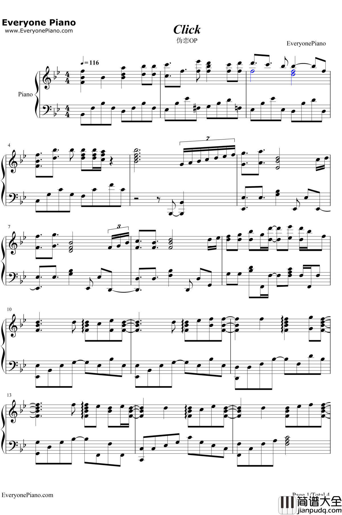 CLICK钢琴谱_Claris_伪恋OP