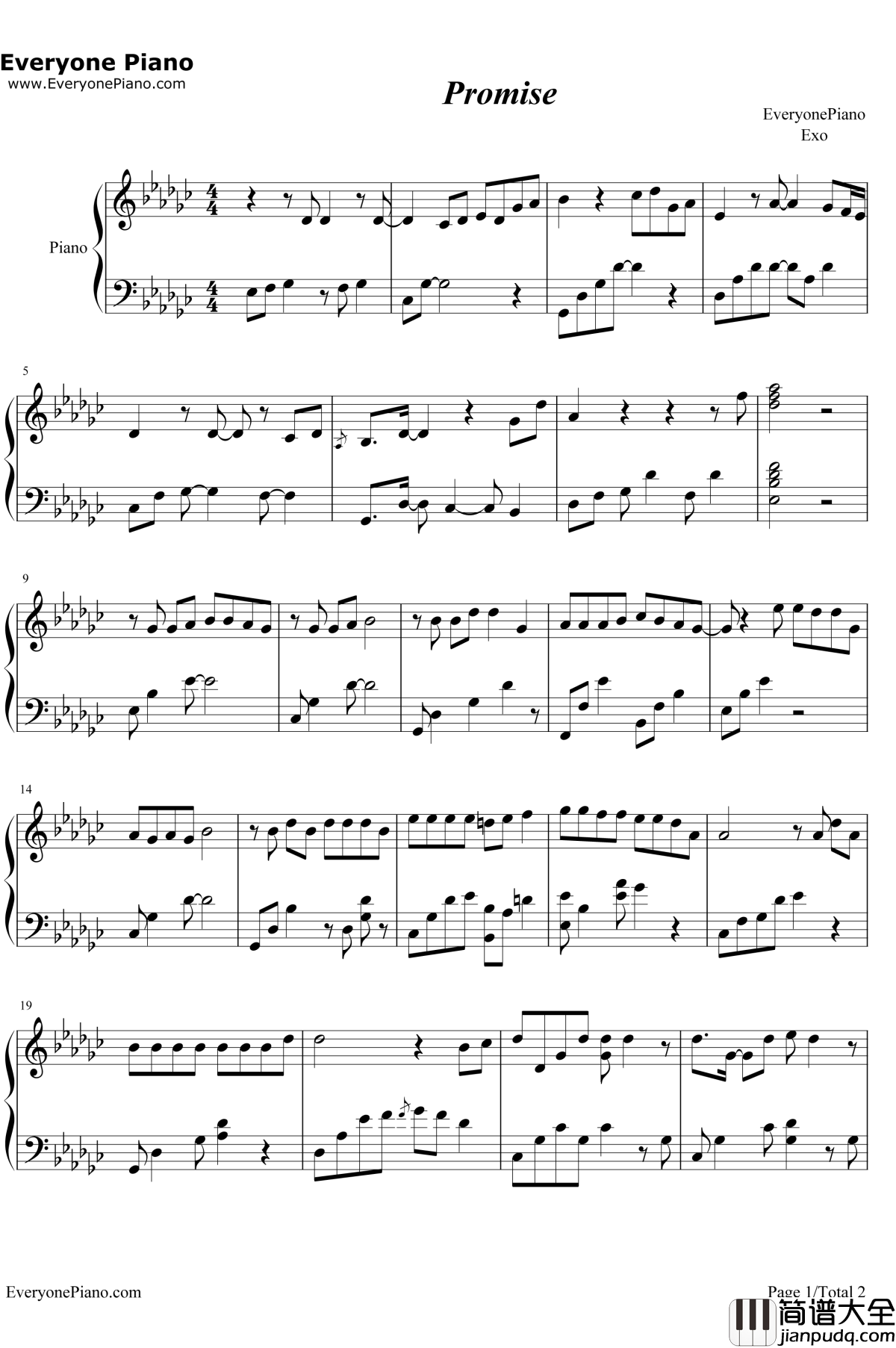 Promise钢琴谱_EXO张艺兴