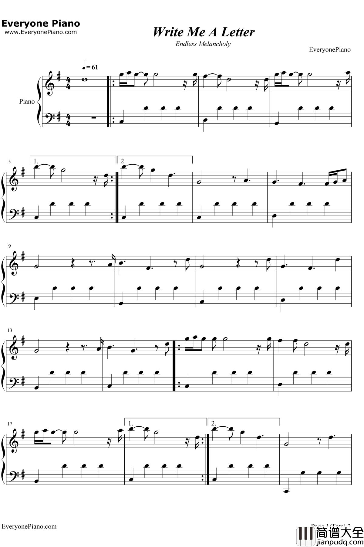 Write_Me_ALetter钢琴谱_EndlessMelancholy
