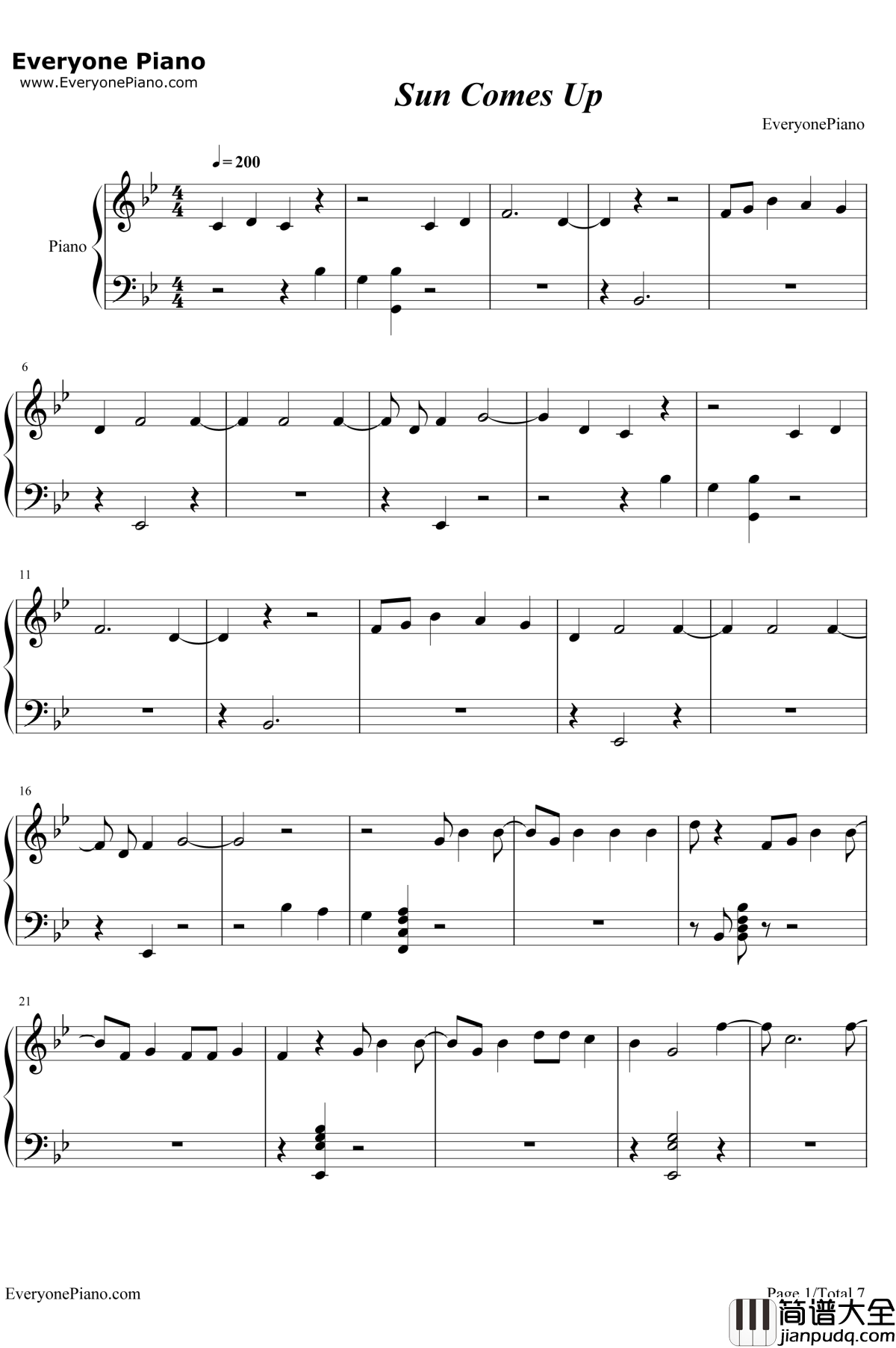 Sun_Comes_Up钢琴谱_RudimentalJamesArthur