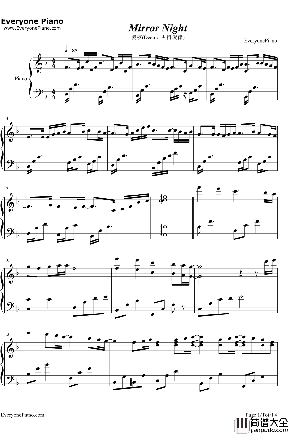 Mirror_Night钢琴谱_V.K克_Deemo游戏音乐