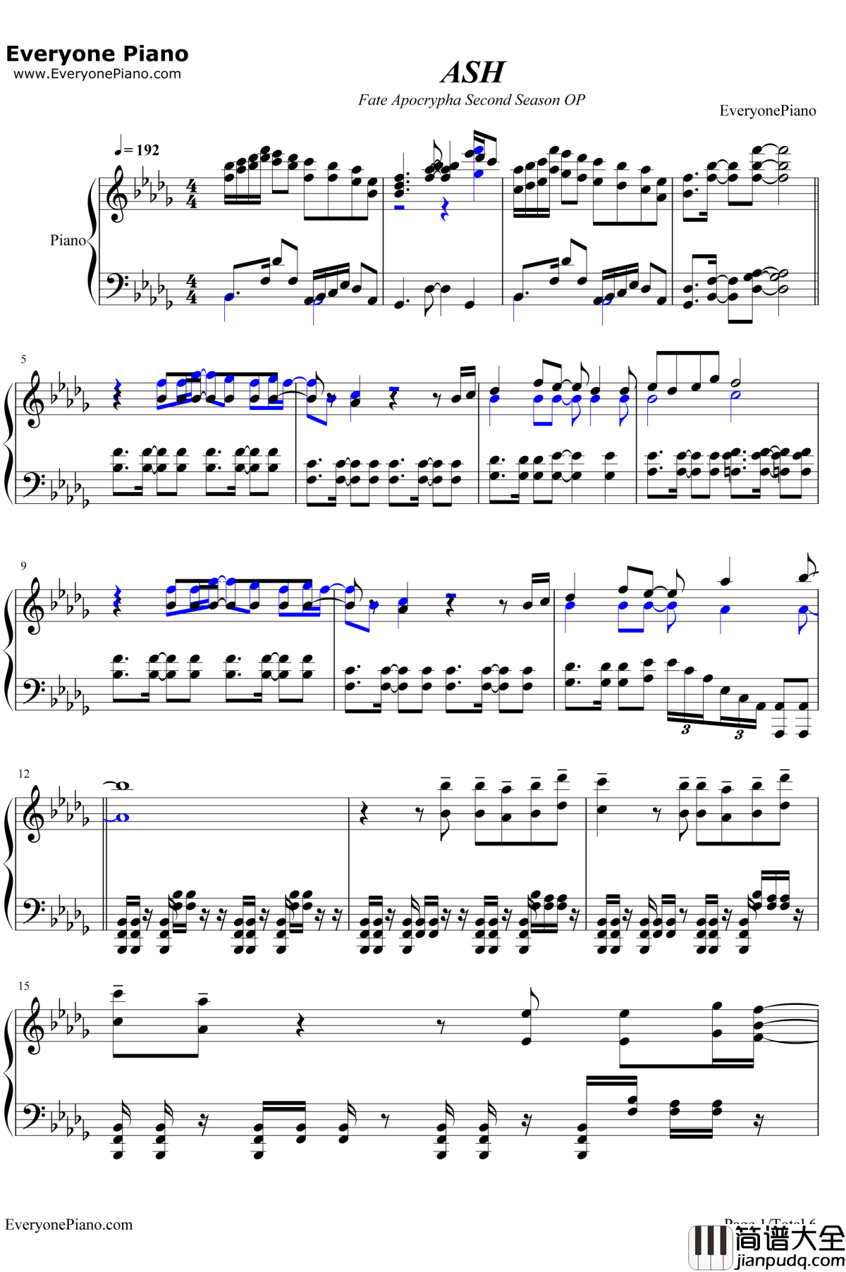 ASH钢琴谱_LiSA_FateApocryphaOP2