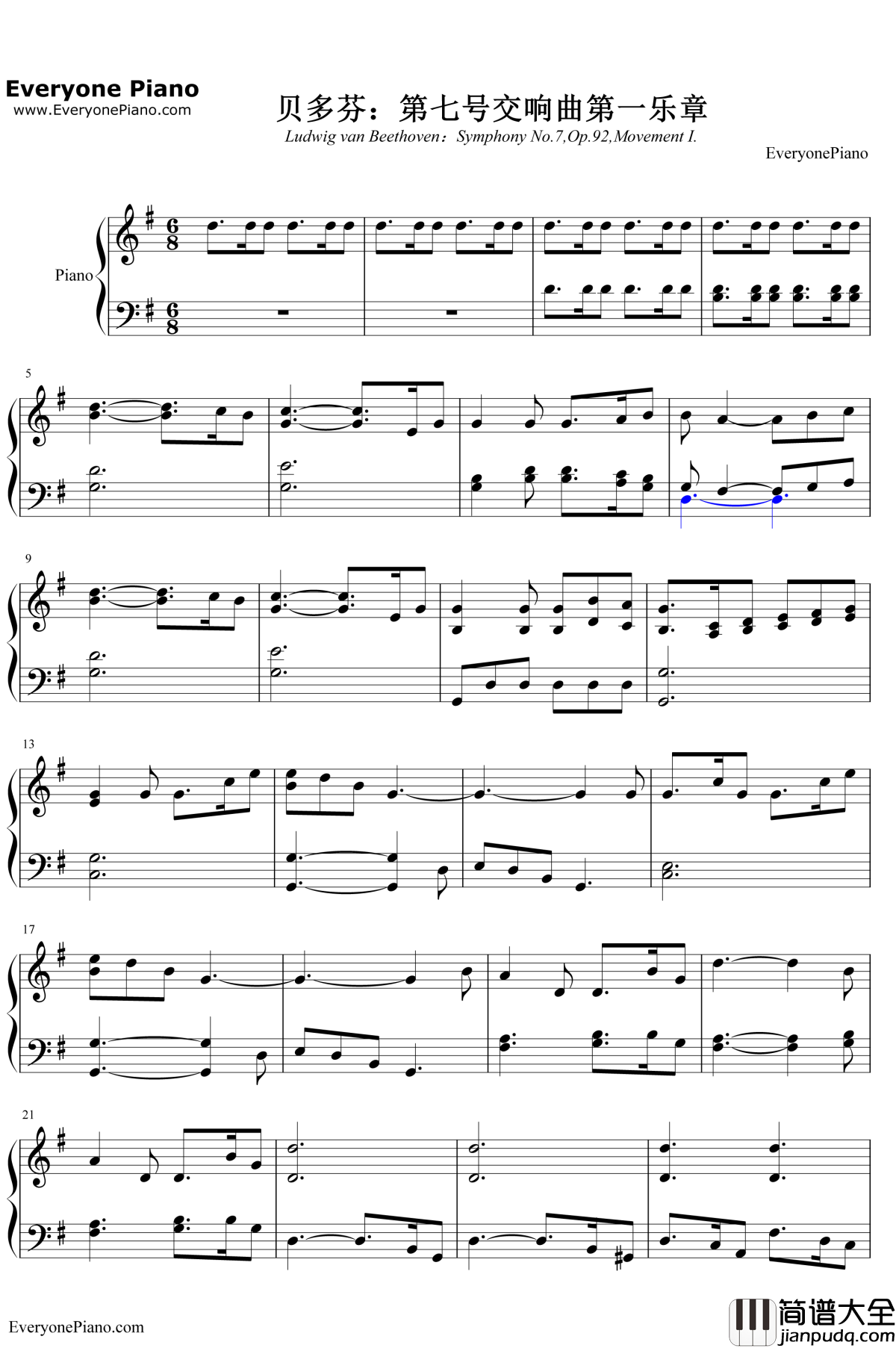 贝多芬第七号交响曲第一乐章钢琴谱_贝多芬