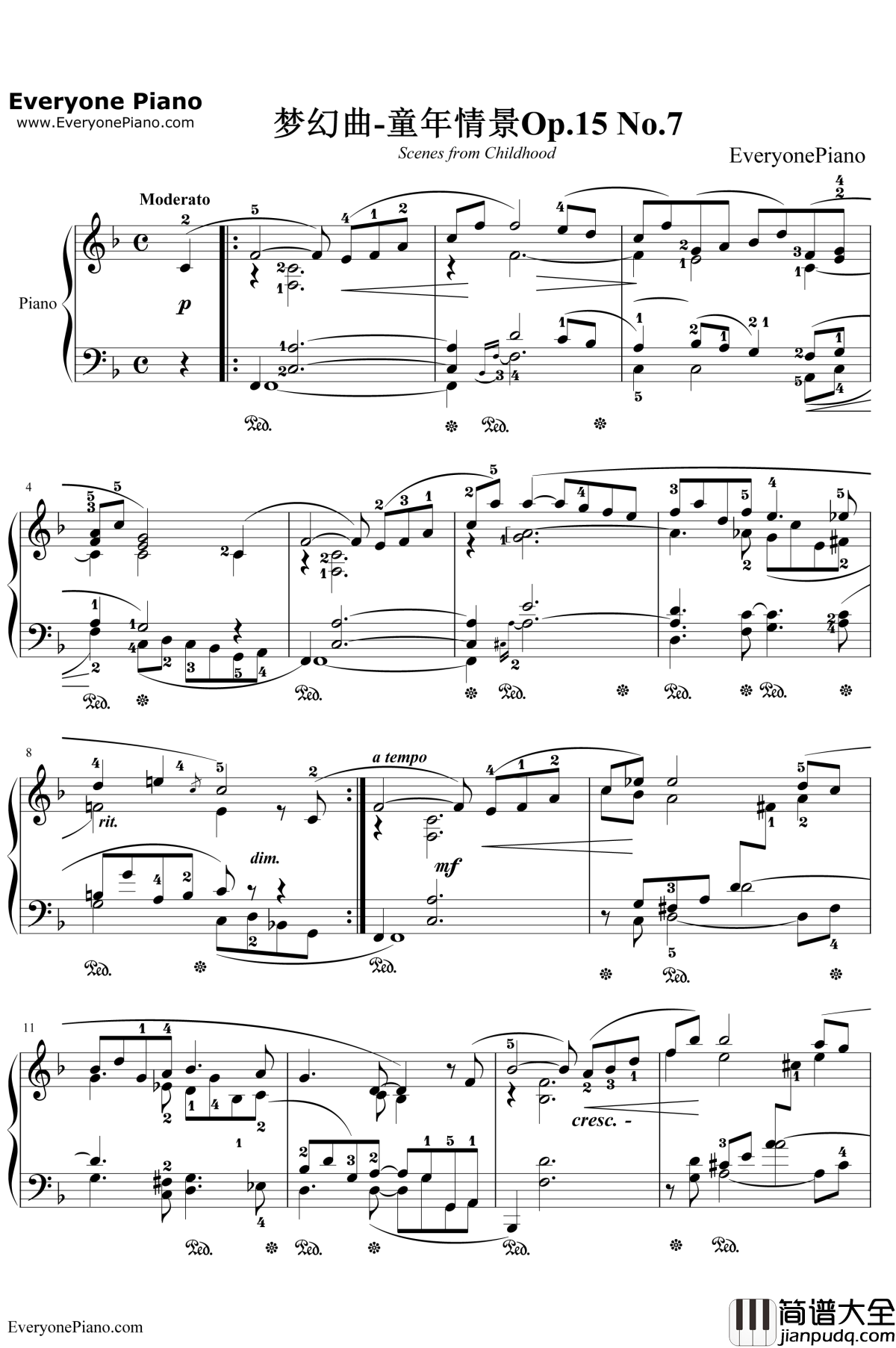 梦幻曲钢琴谱_舒曼_童年情景