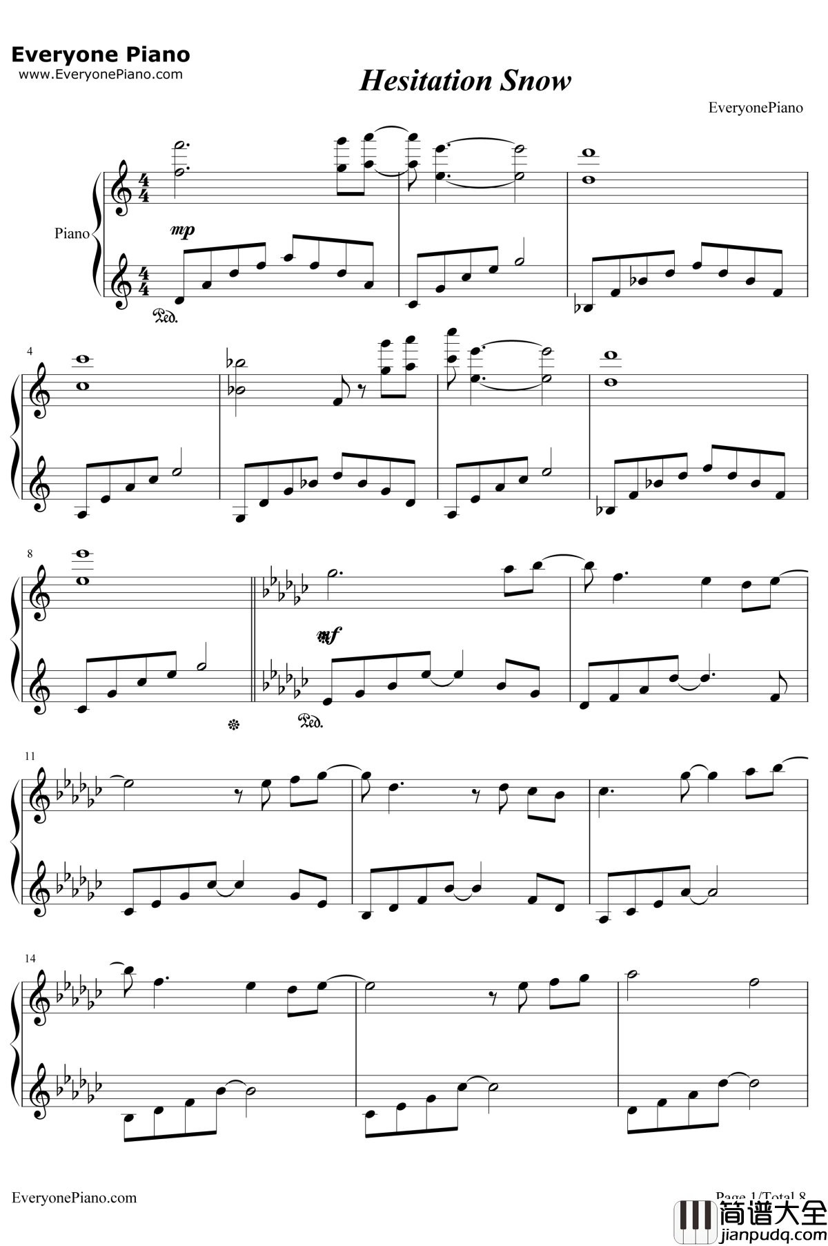 Hesitation_Snow钢琴谱_fripSide_初雪樱主题曲