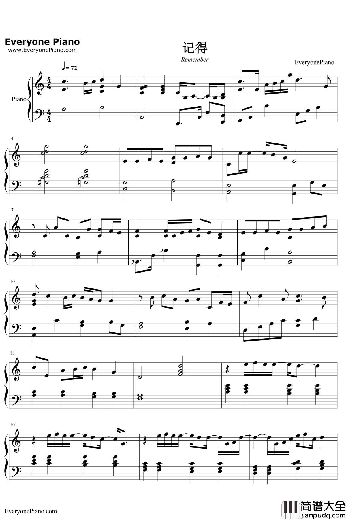 记得钢琴谱__张惠妹