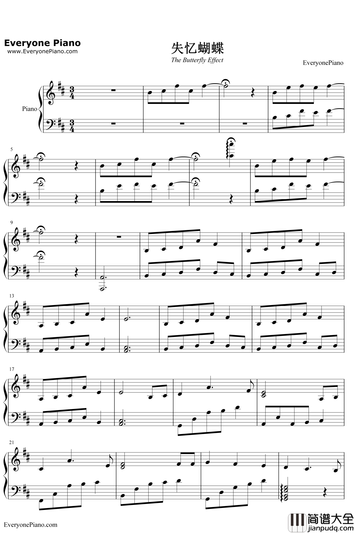 失忆蝴蝶钢琴谱__陈奕迅