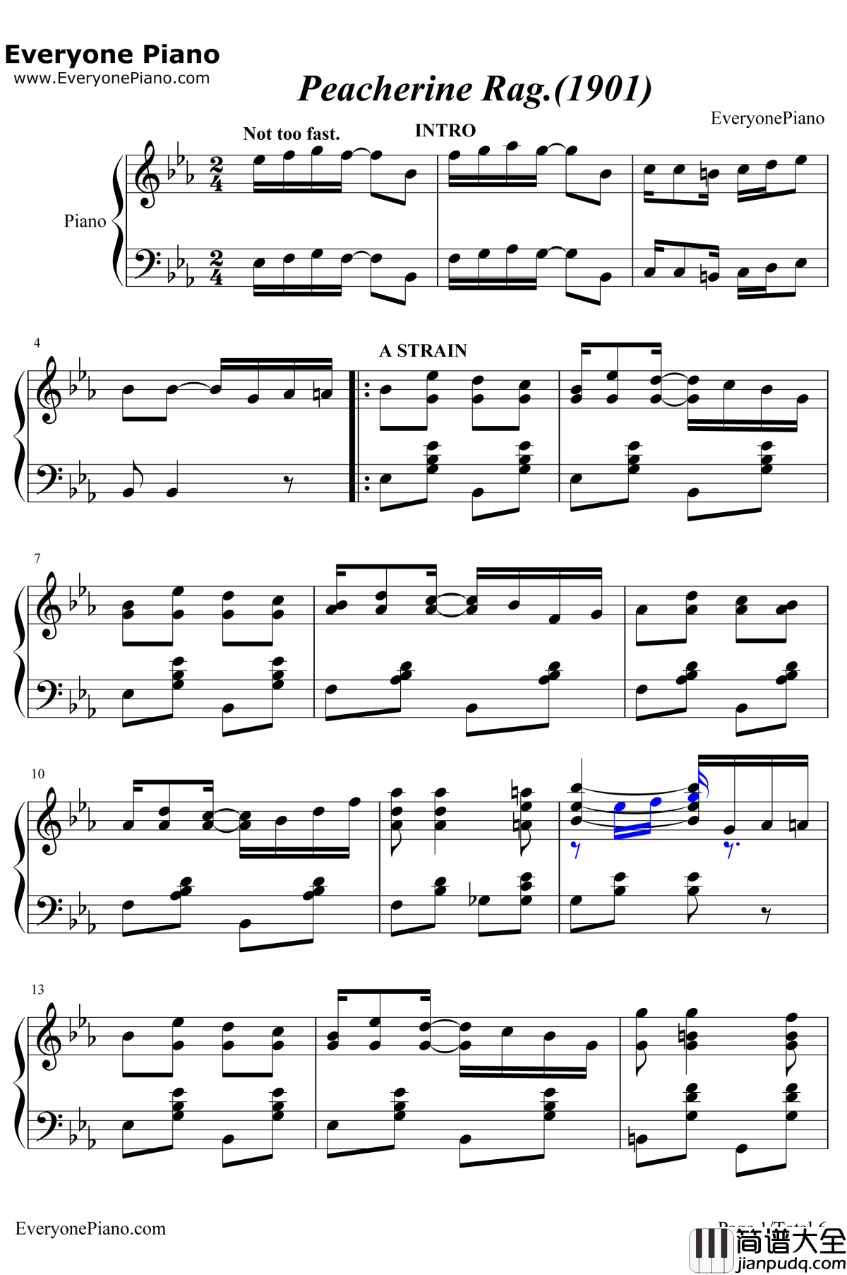 Peacherine_Rag钢琴谱_ScottJoplin_海上钢琴师OST