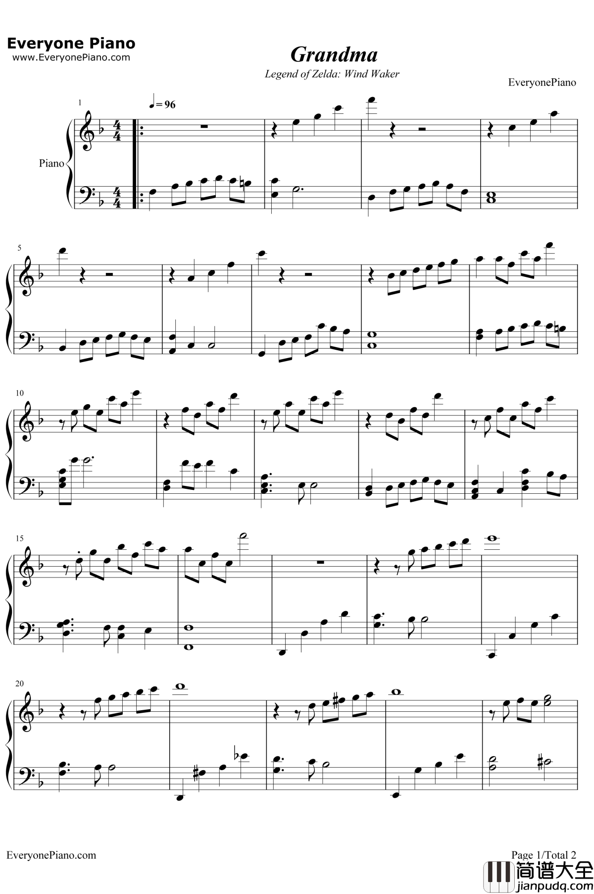 Grandma钢琴谱_永田権太_塞尔达传说风之杖