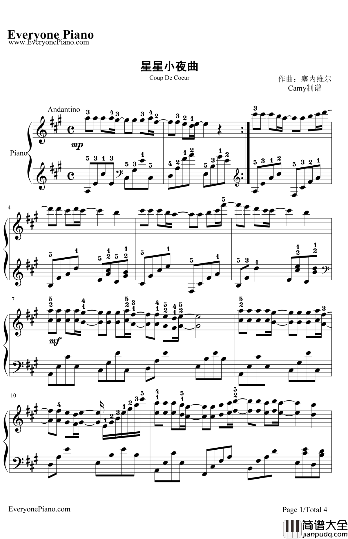 星星小夜曲钢琴谱_理查德克莱德曼