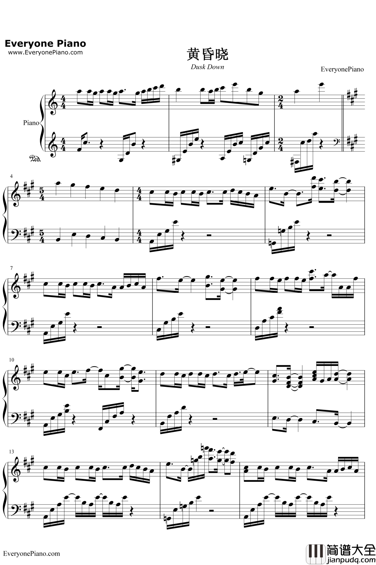 黄昏晓钢琴谱_王心凌_微笑Pasta原声