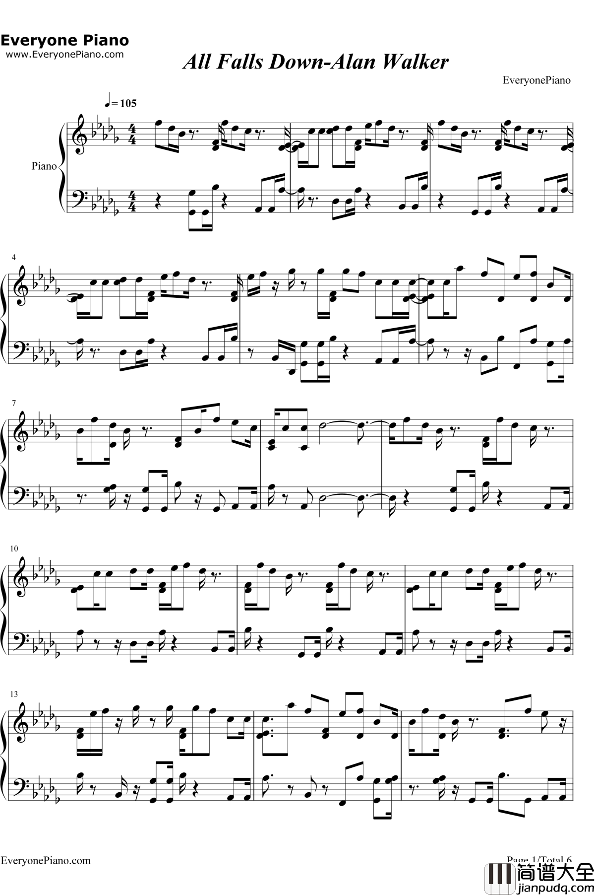 All_Falls_Down钢琴谱_AlanWalker