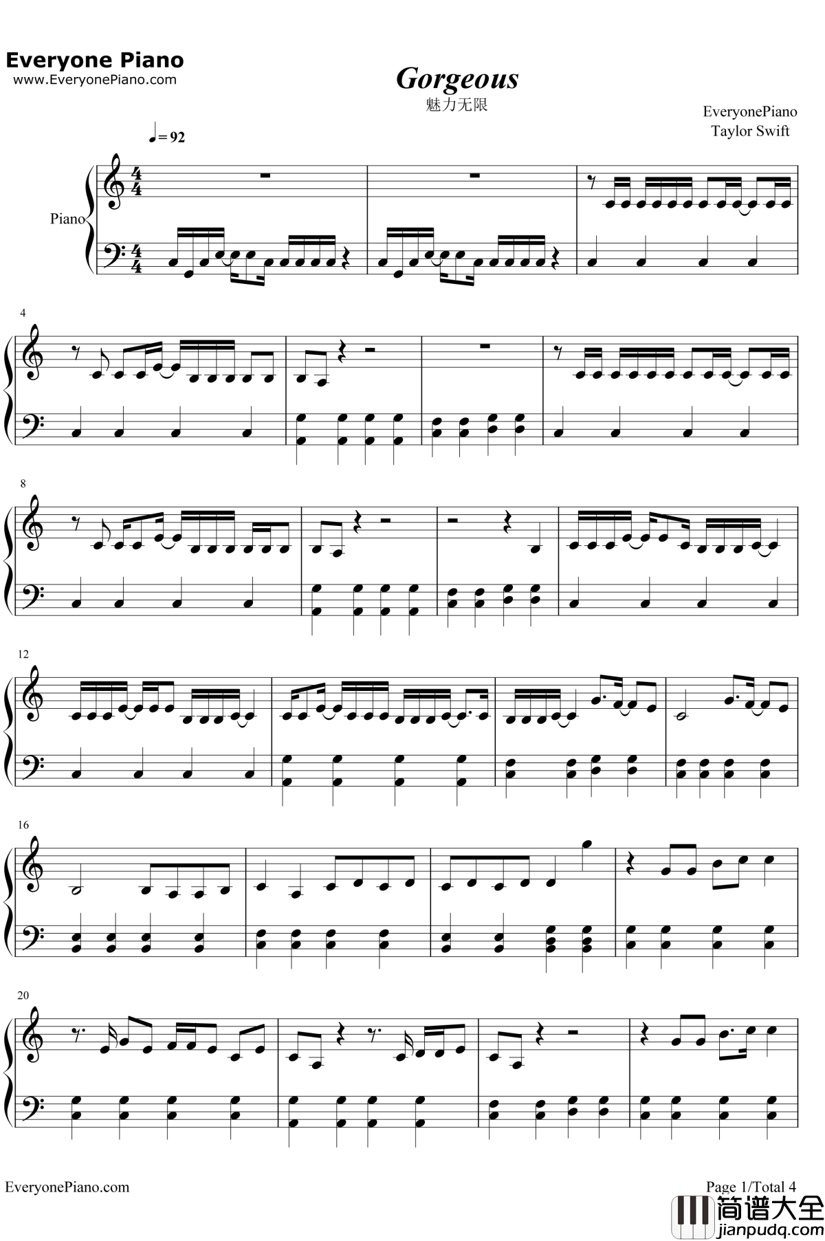 Gorgeous钢琴谱_TaylorSwift