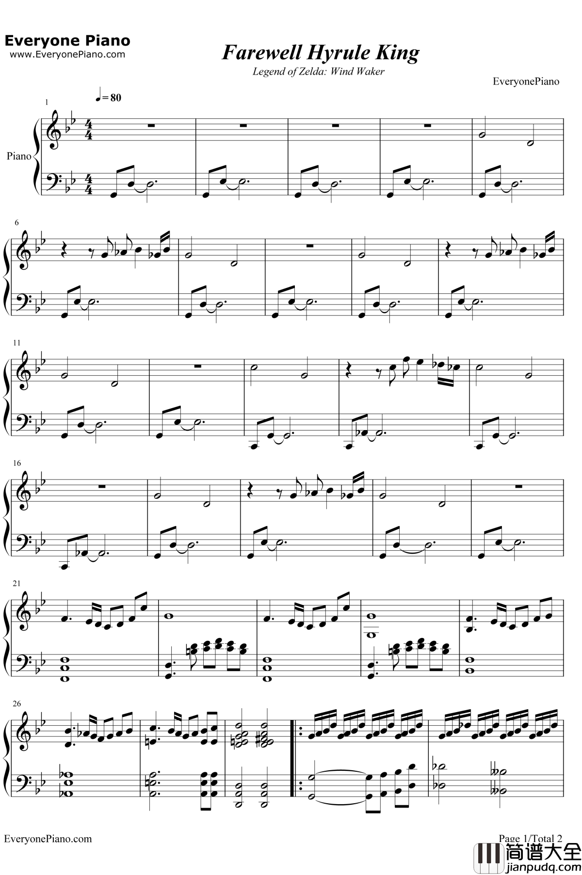 Farewell_Hyrule_King钢琴谱_永田権太_塞尔达传说风之杖