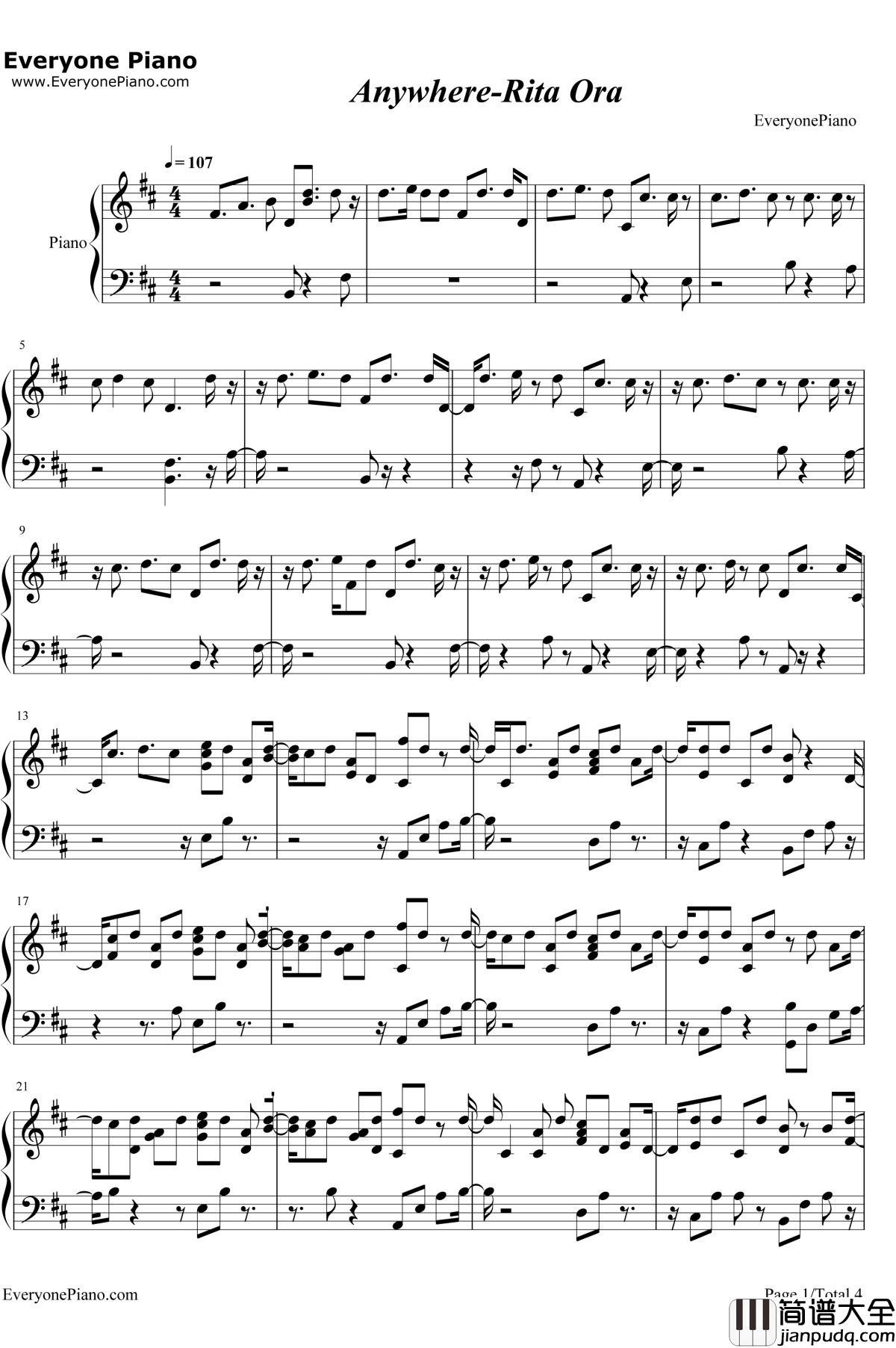 Anywhere钢琴谱_RitaOra