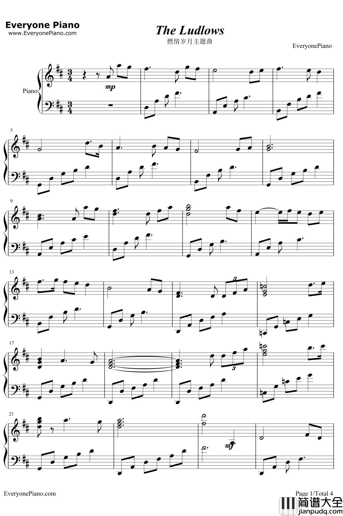 The_Ludlows钢琴谱_JamesHorner_影片燃情岁月主题曲