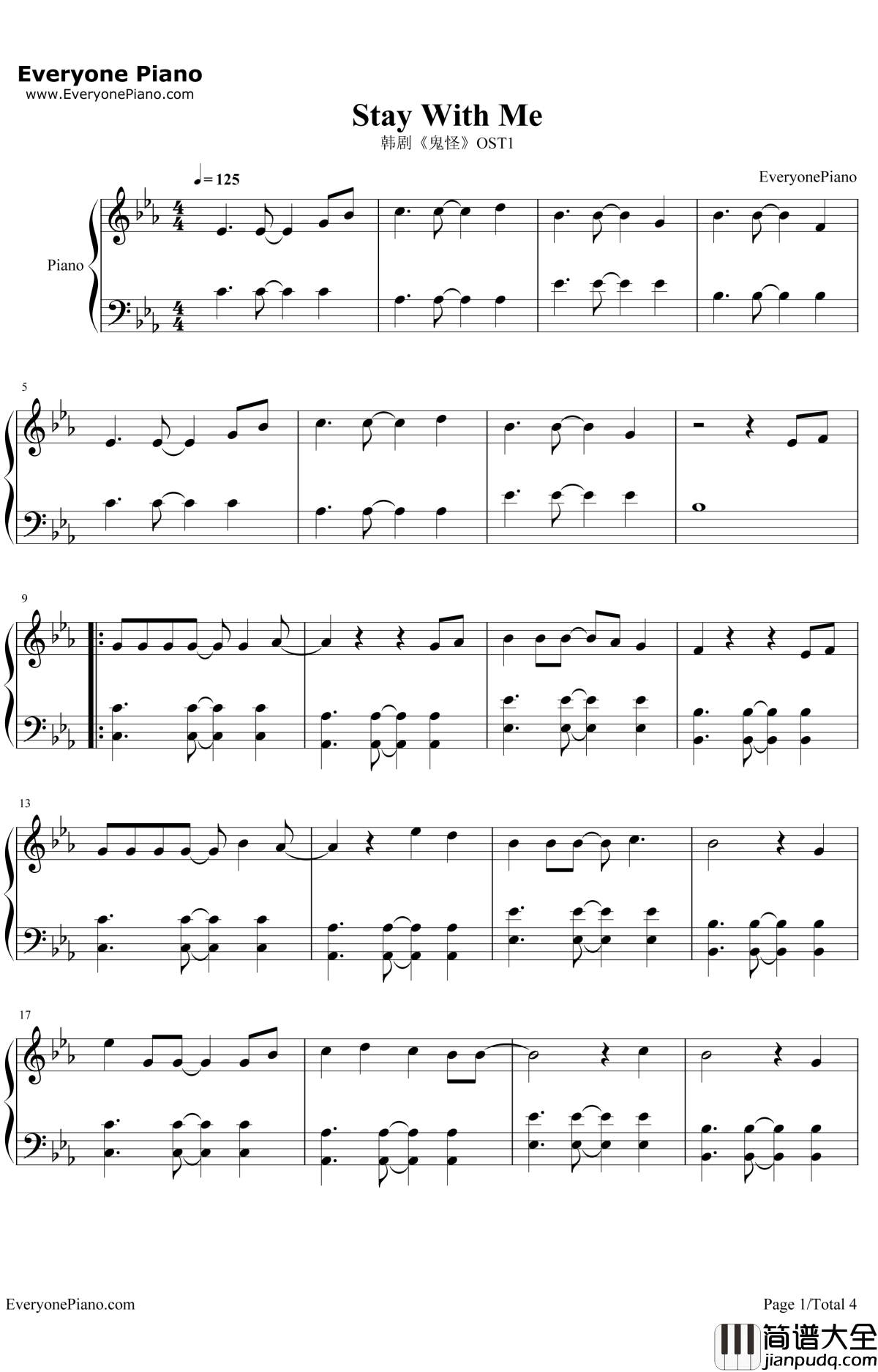 Stay With Me钢琴谱_朴灿烈Punch_韩剧_鬼怪_OST1