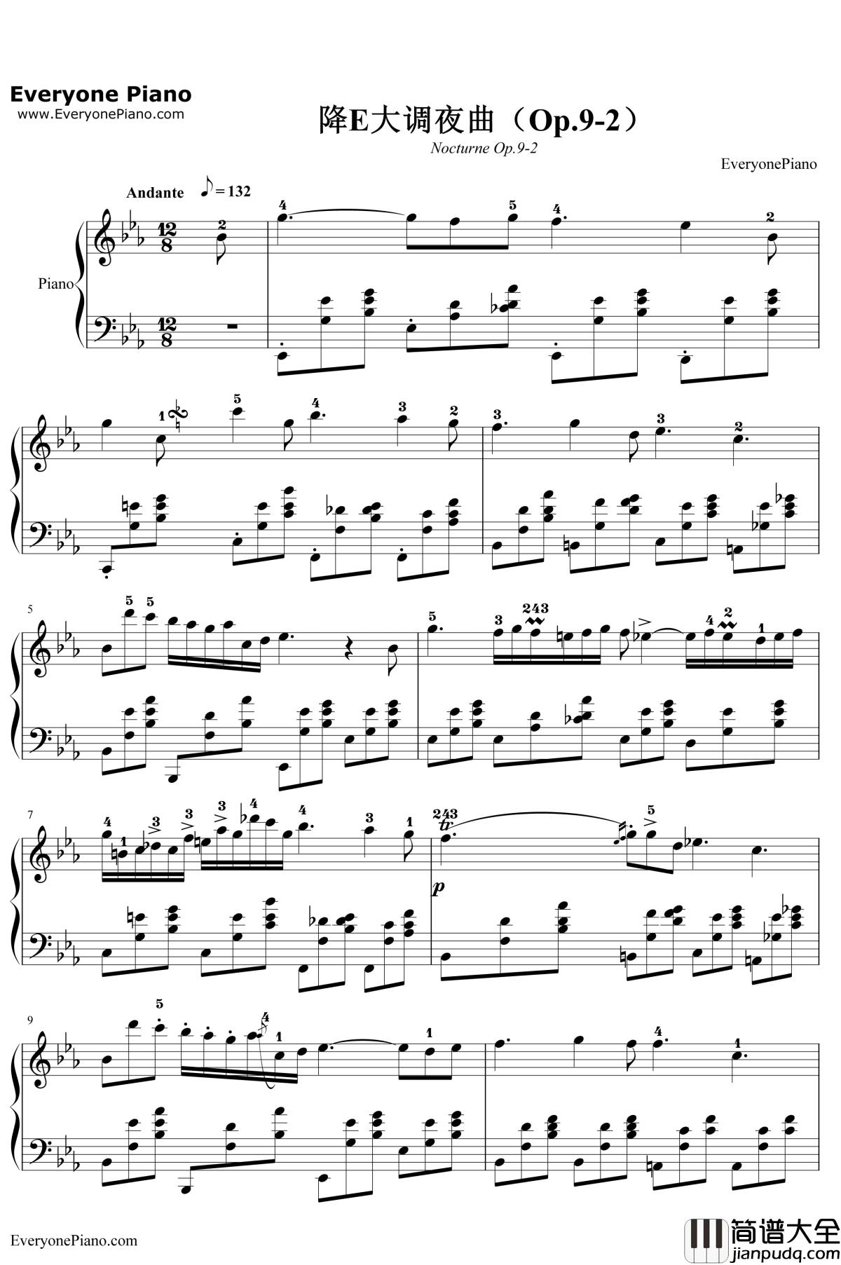 降E大调夜曲钢琴谱__肖邦